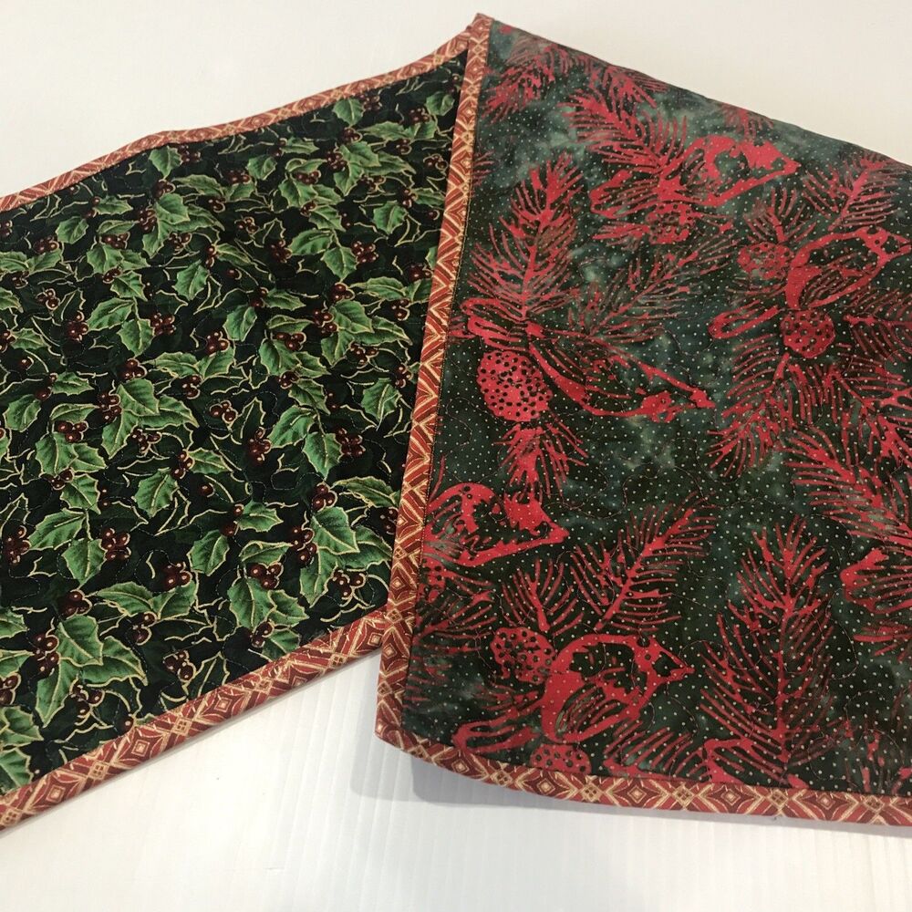 Handmade Quilted Table Runner Holiday Reversible Red Pine Cone 12" X 32"